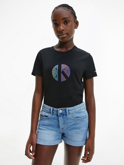 Calvin Klein Ruhák HU793758 | Calvin Klein Organic Cotton Iridescent Logo Lány Póló Fekete